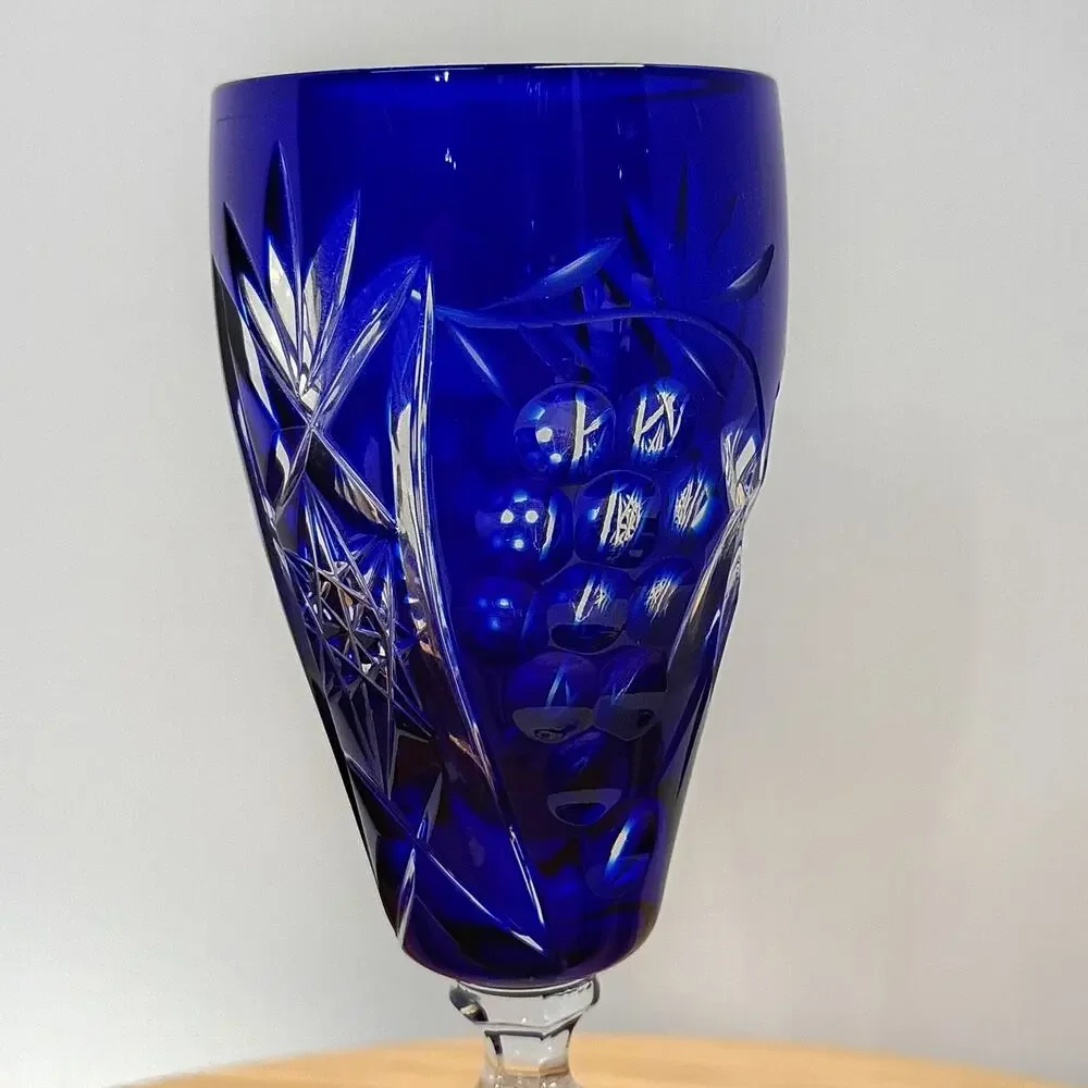 Bohemian Cut To Clear Crystal Wine Hock Cobalt Blue Etched